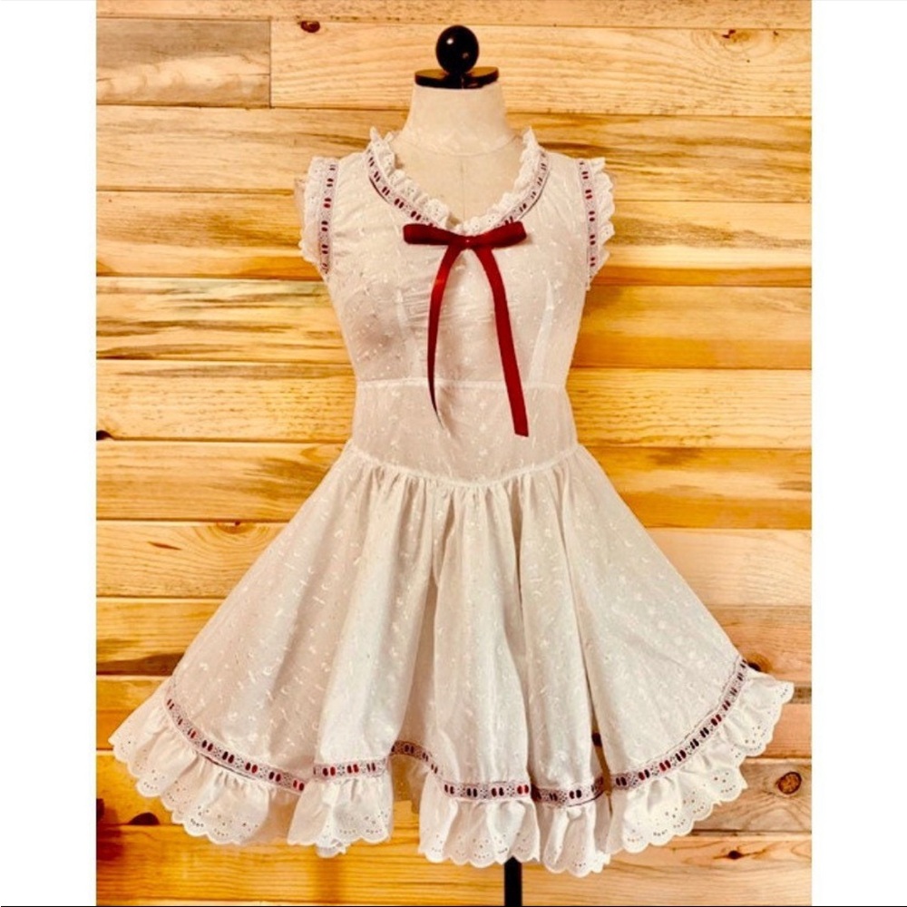HANDMADE White Lace Mini Dress with Red Accents